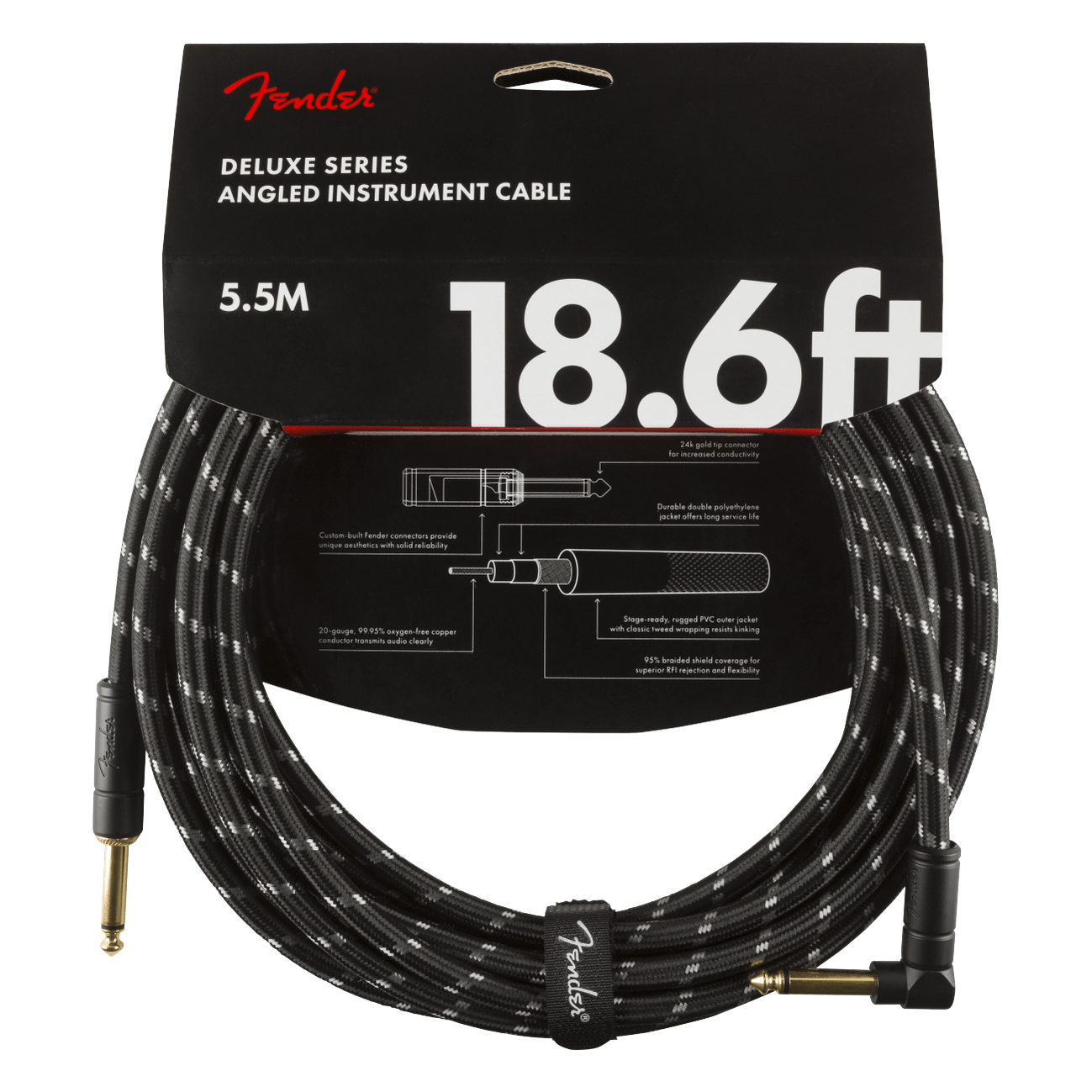 Fender 5.5M 18.6' Deluxe Series Instrument Cable - Straight/Angle, Black Tweed 2