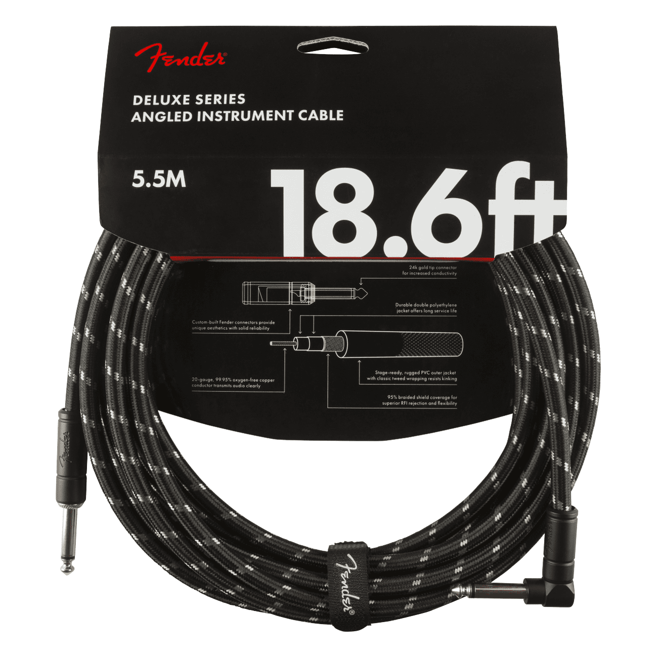 Fender 5.5M 18.6' Deluxe Series Instrument Cable - Straight/Angle, Black Tweed 2