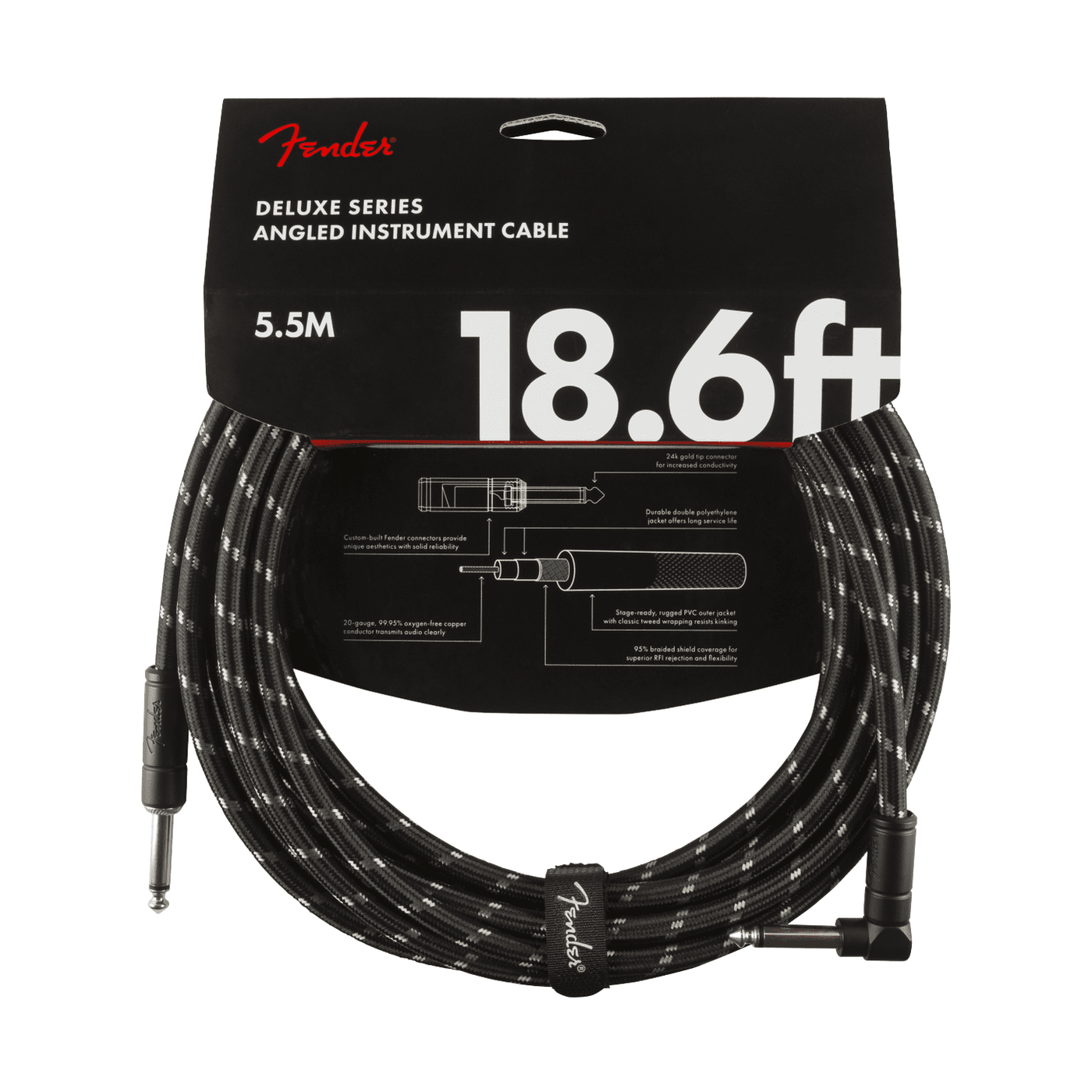 Fender 5.5M 18.6' Deluxe Series Instrument Cable - Straight/Angle, Black Tweed 2