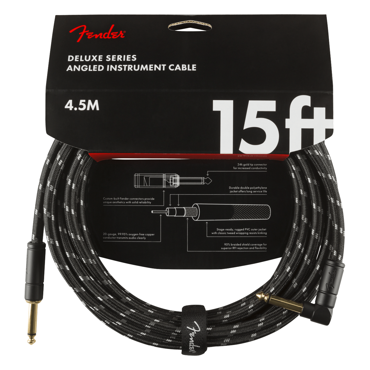 Fender 4.5M 15' Deluxe Series Instrument Cable - Straight/Angle, Black Tweed 2