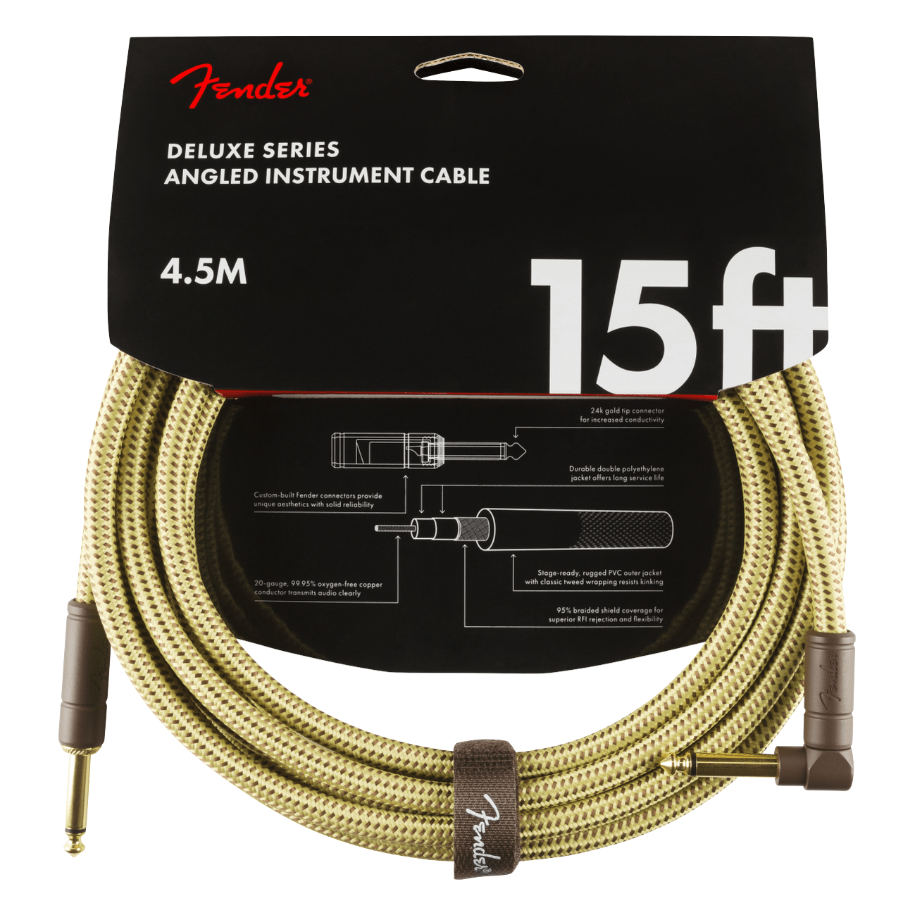 Fender 4.5M 15' Deluxe Series Instrument Cable - Straight/Angle, Tweed 2