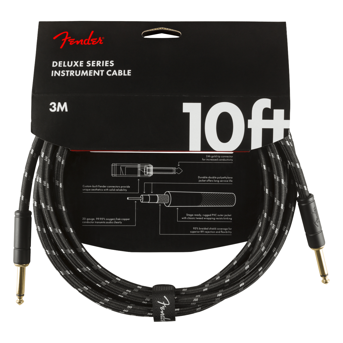 Fender 3M 10' Deluxe Series Instrument Cable - Straight/Straight, Black Tweed 2