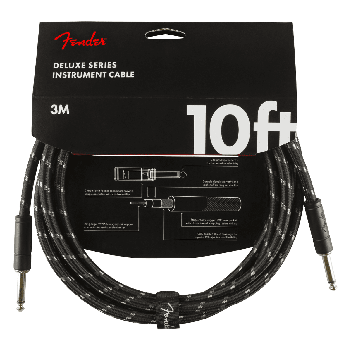 Fender 3M 10' Deluxe Series Instrument Cable - Straight/Straight, Black Tweed 2