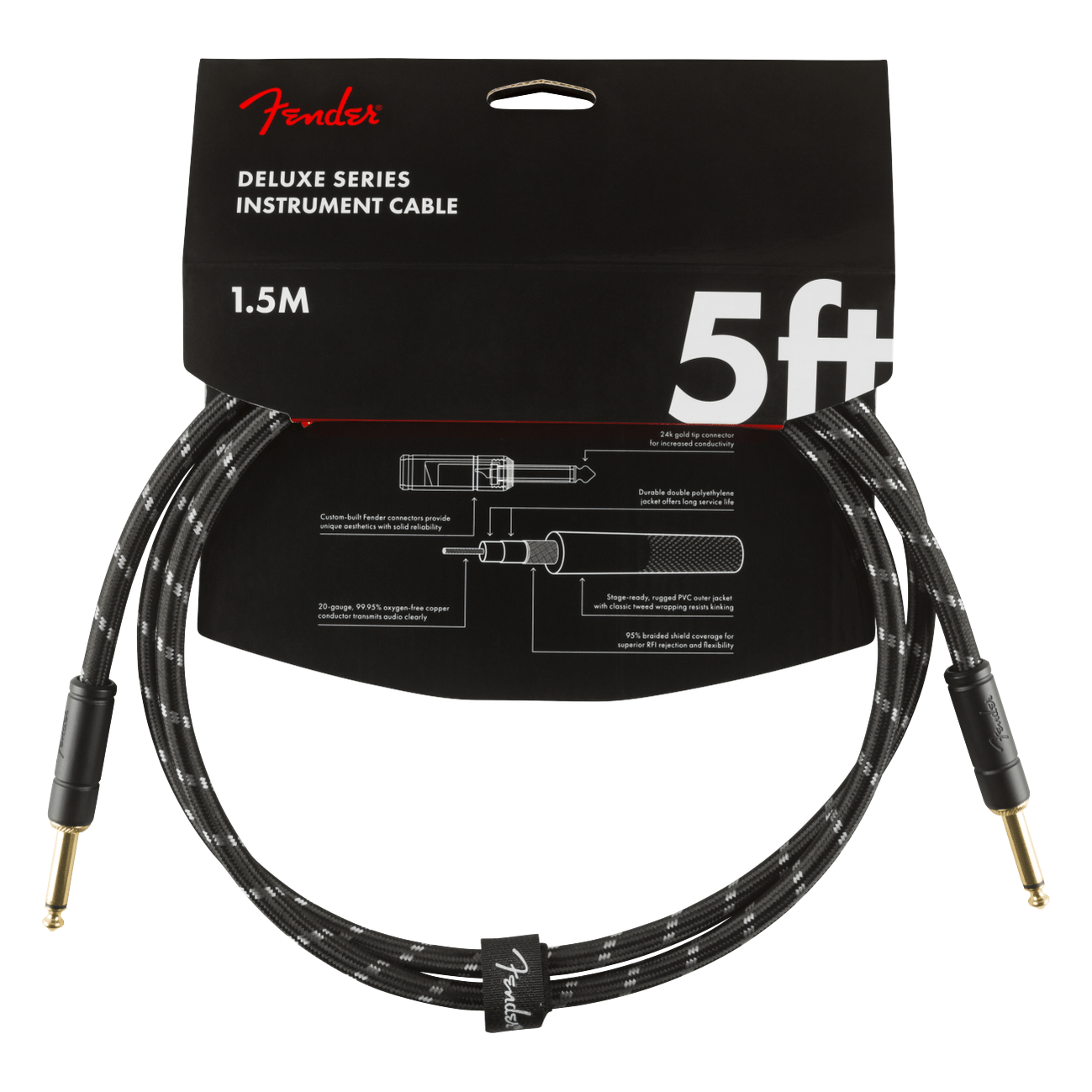 Fender 1.5M 5' Deluxe Series Instrument Cable - Straight/Straight, Black Tweed 2