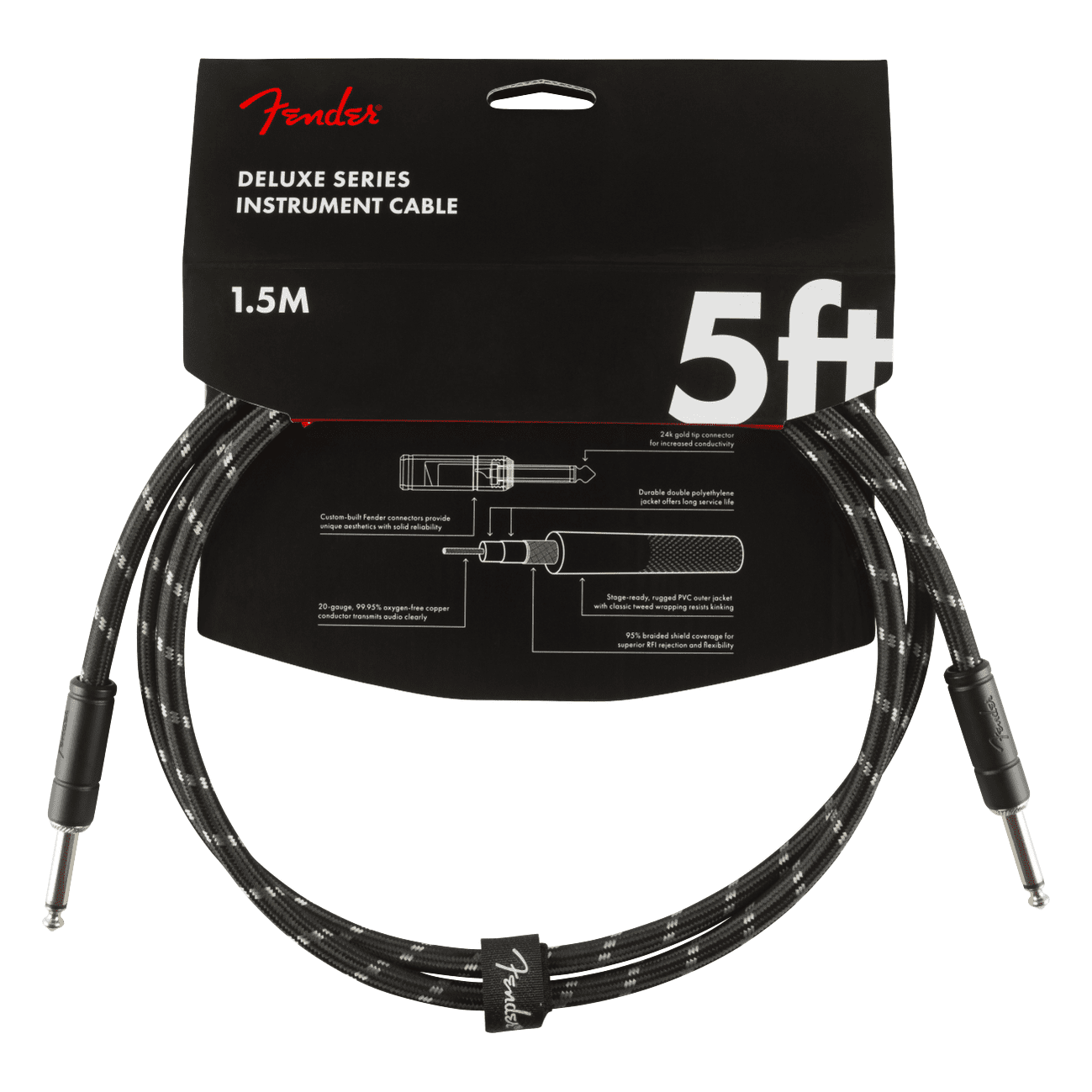 Fender 1.5M 5' Deluxe Series Instrument Cable - Straight/Straight, Black Tweed 2