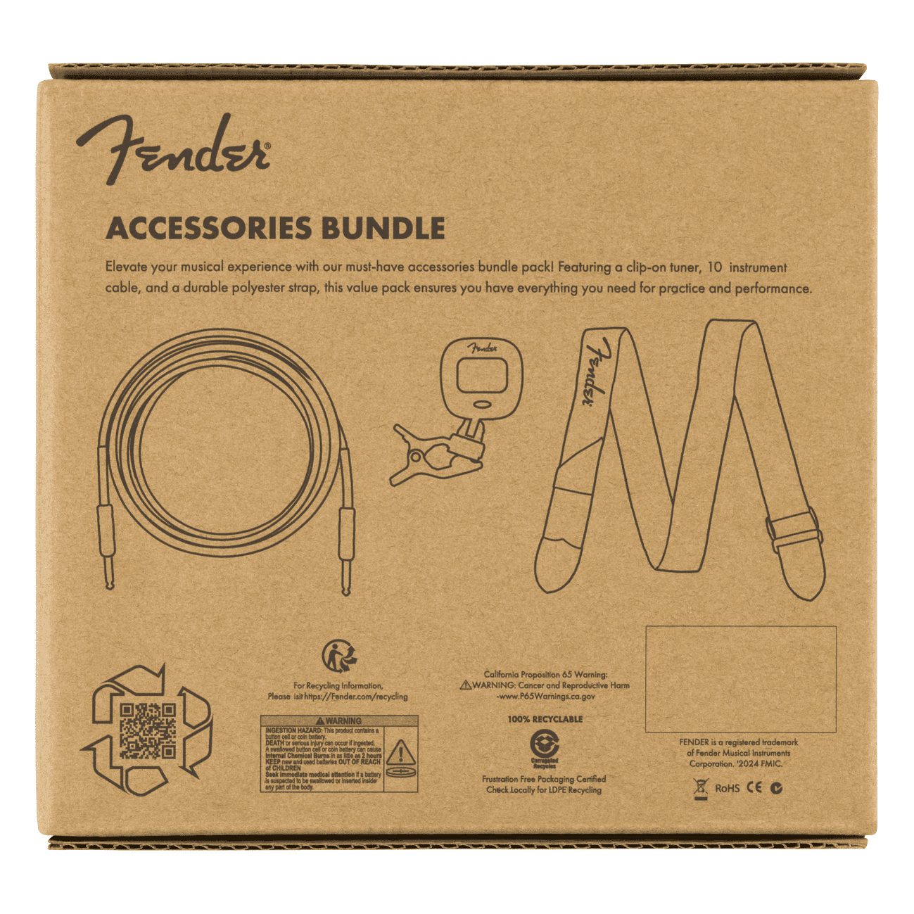 Fender Accessories Bundle Pack - Cable, Tuner & Strap 6