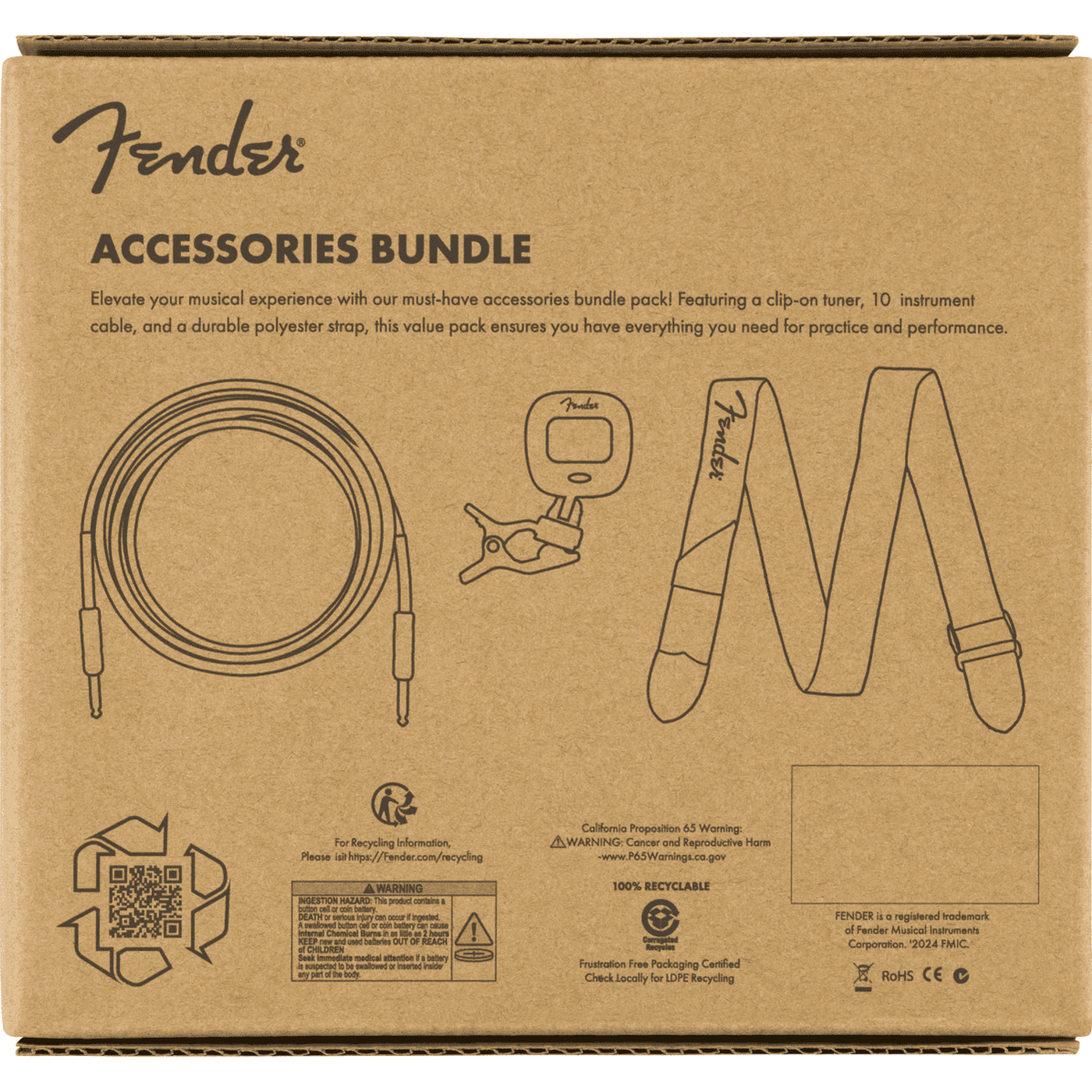 Fender Accessories Bundle Pack - Cable, Tuner & Strap 6