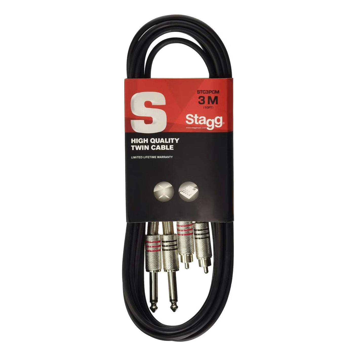 Stagg STC3PCM Twin 6.35mm Mono Jack to RCA Phono Cable — 3M 1