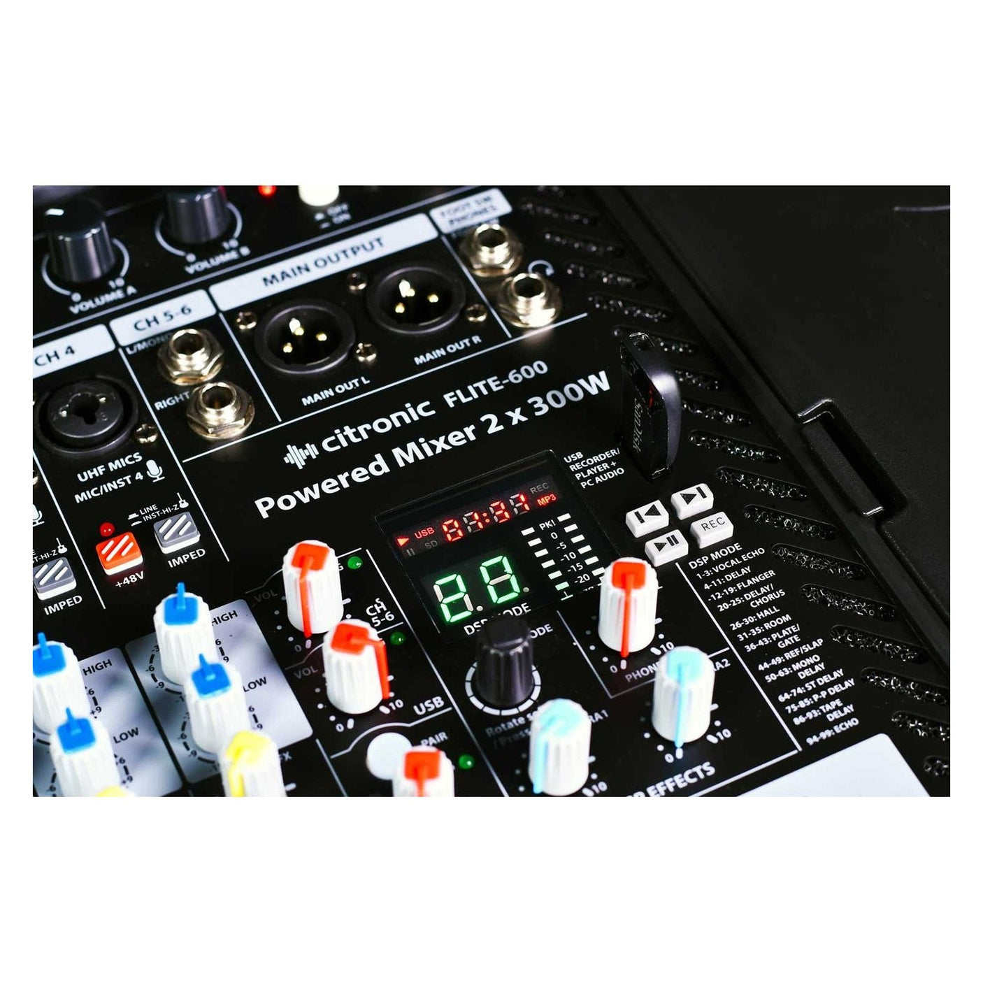 Citronic FLITE-600 2 x 300W Powered Mixer with 2 UHF Wireless Mics & DSP Effects 6