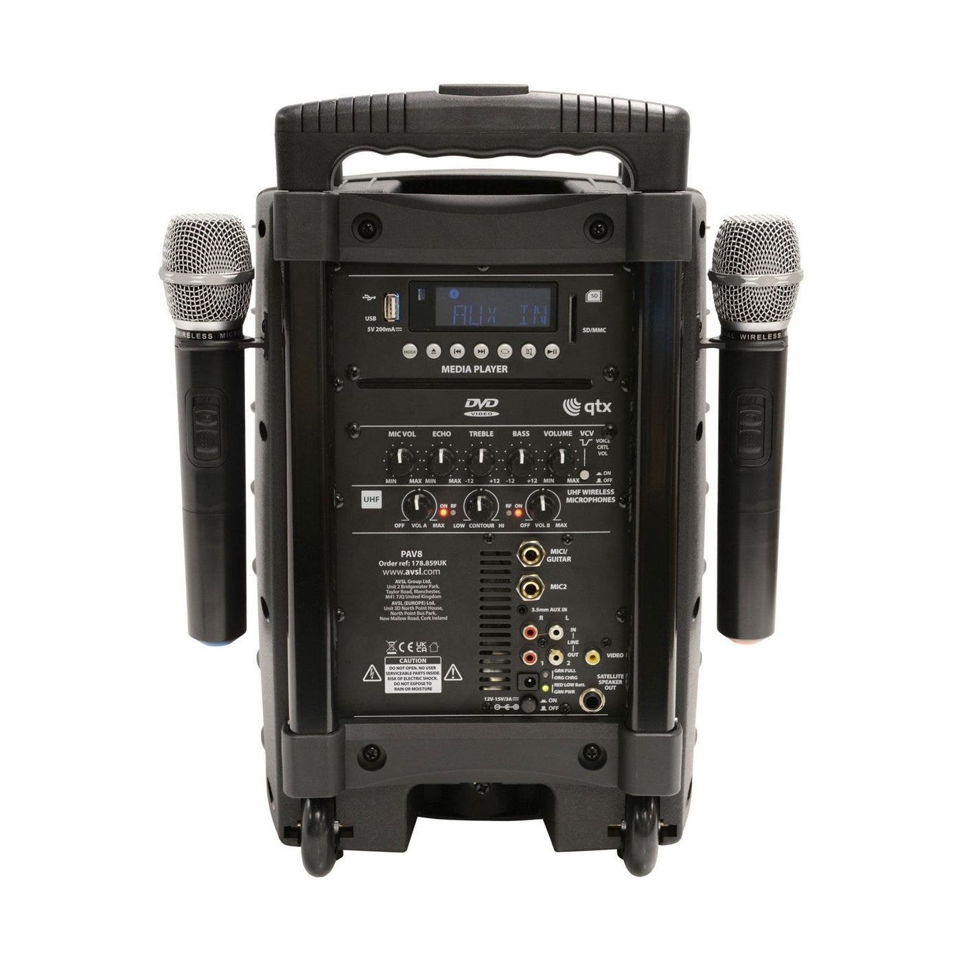 QTX PAV8 Portable PA System With 2 Wireless Microphones, Bluetooth & DVD/CD Player 3
