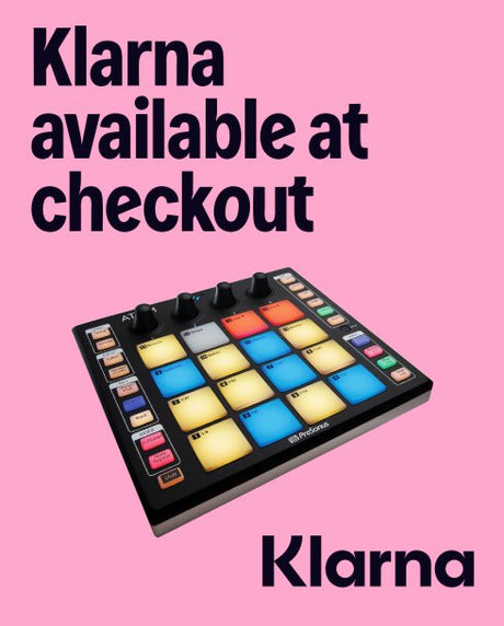 Music controller with Klarna branding on a pink background