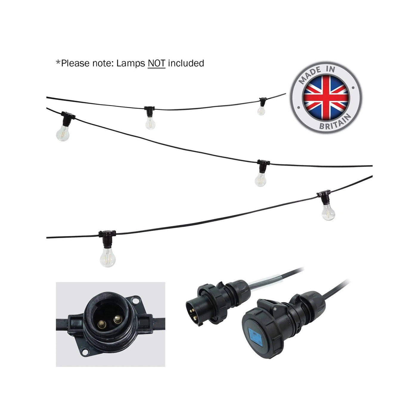 Elumen8 25m Heavy Duty Rubber Festoon String – 1m Spacing, 16A Plug & Socket Lamps Not Included 1