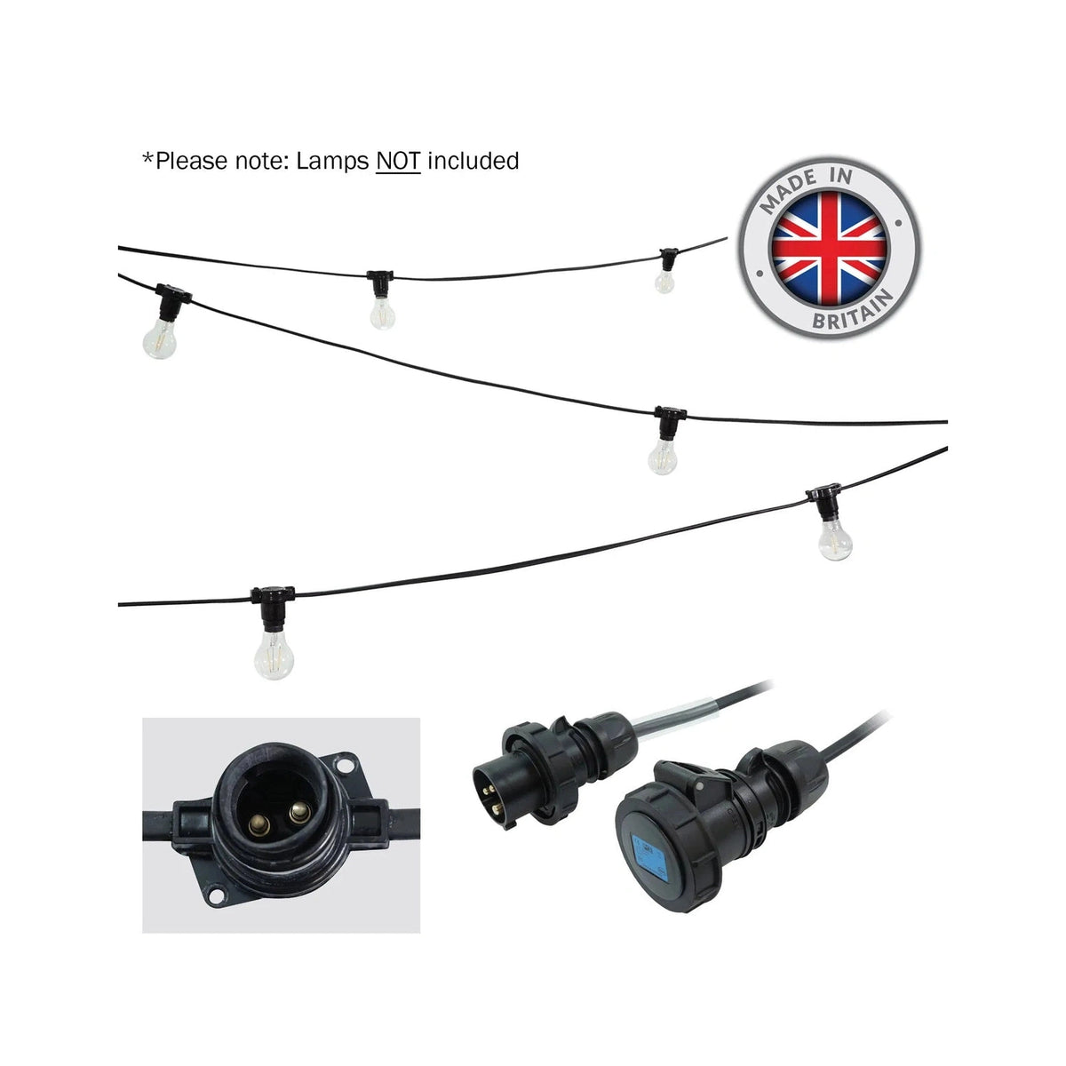 Elumen8 25m Heavy Duty Rubber Festoon String – 1m Spacing, 16A Plug & Socket Lamps Not Included 1