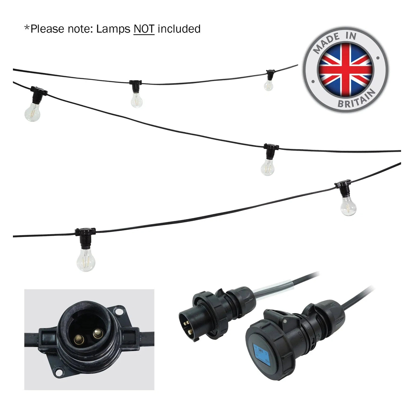 Elumen8 100m Heavy Duty Rubber Festoon String – 1m Spacing, 16A Plug & Socket Lamps Not Included 1