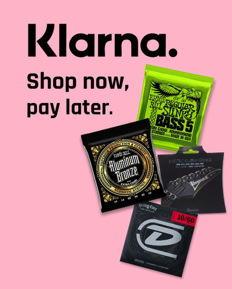 Music string packages with Klarna promotional text on a pink background