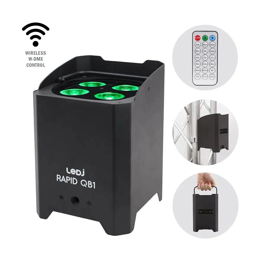 LEDj Rapid QB1 RGBA IP Battery Uplighter – 4 x 8W RGBA LEDs Black 1