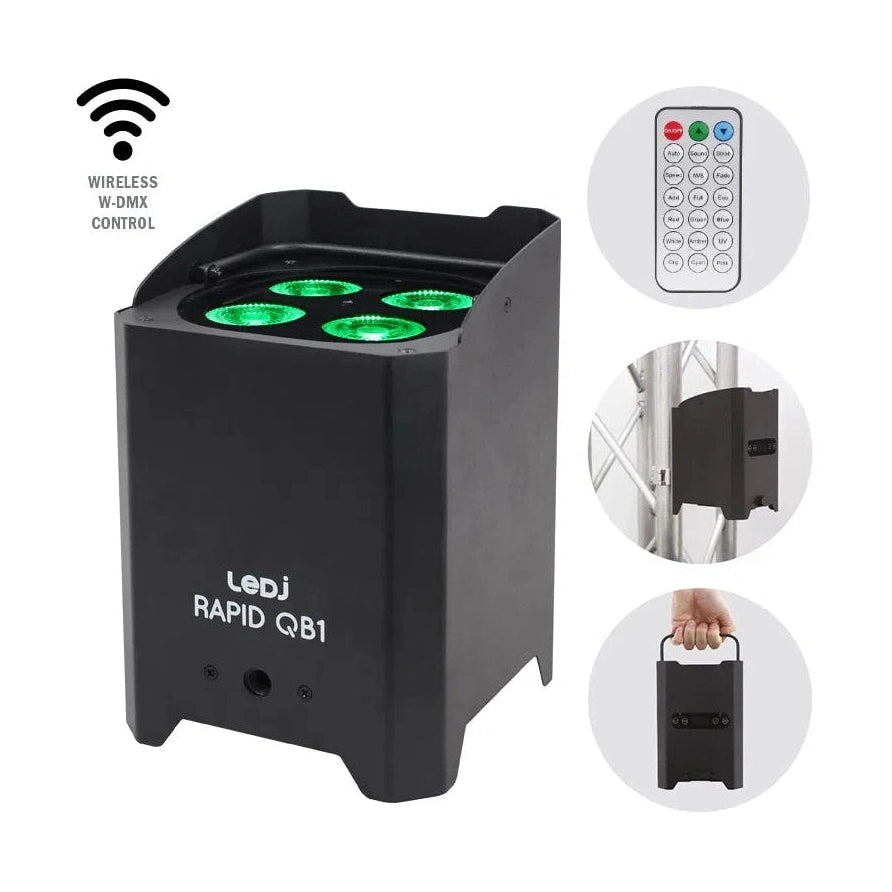 LEDj Rapid QB1 RGBA IP Battery Uplighter – 4 x 8W RGBA LEDs Black 1
