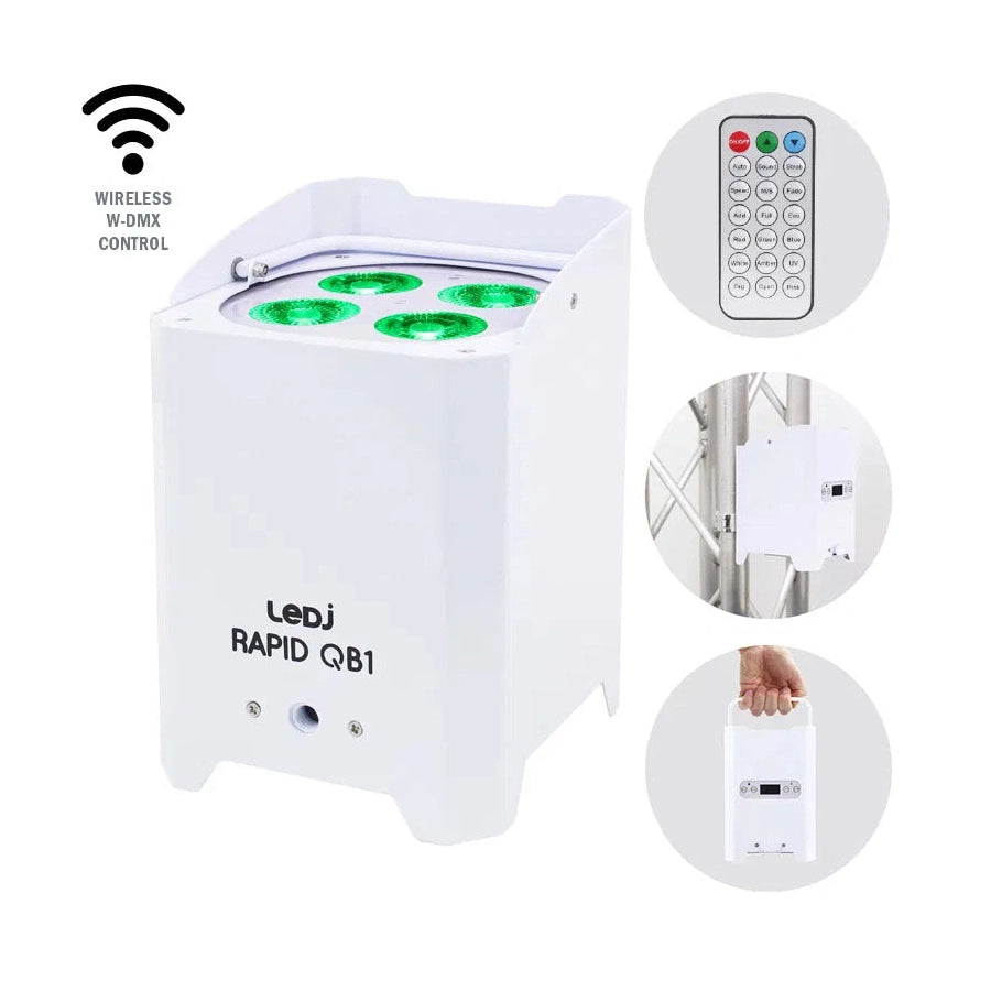 LEDj Rapid QB1 RGBA IP Battery Uplighter – 4 x 8W RGBA LEDs White 1