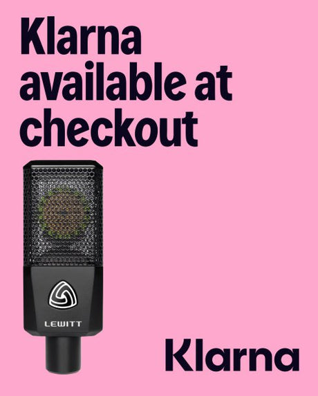 Microphone with Lewitt logo on a pink background, featuring text about Klarna availability at checkout.