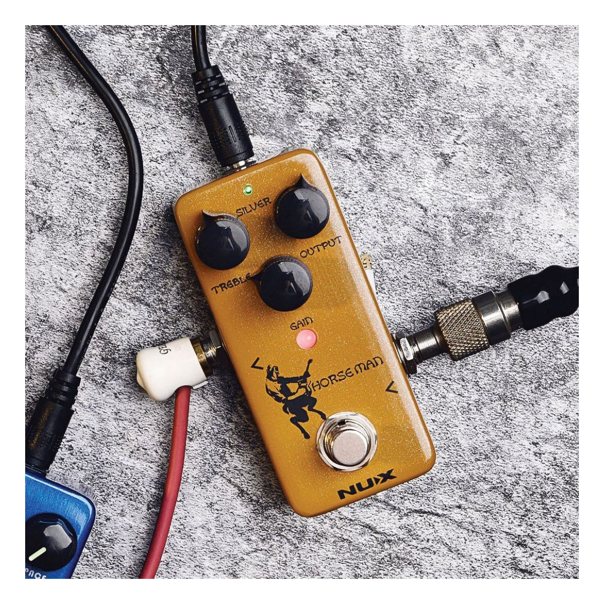 NUX Horseman Overdrive Pedal Lifestyle Shot with Cables