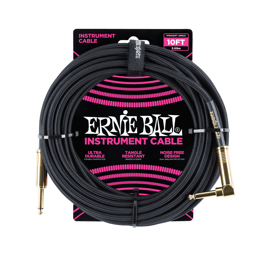 Ernie Ball Braided Instrument Cable, Straight to Angle Jack, 10ft 3.05m , Black with Gold Connectors 1