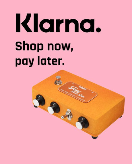 Orange guitar pedal with Klarna advertisement on a pink background
