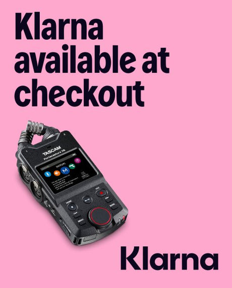 Tascam audio recorder with Klarna branding on a pink background