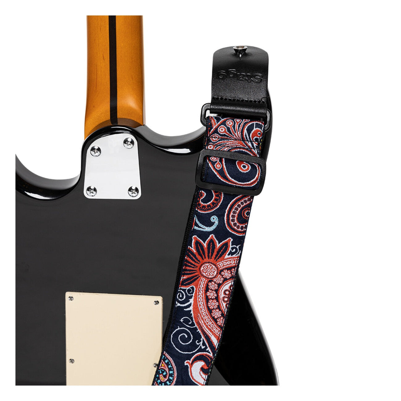 Stagg Woven Guitar Strap - Paisley Red and Blue 3