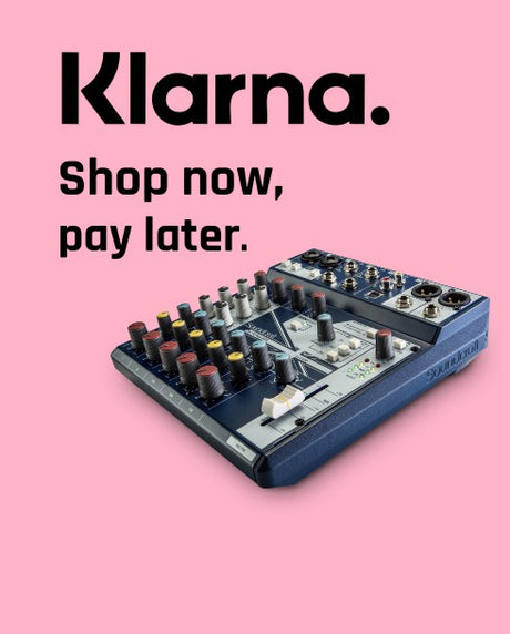 Soundcraft Music mixing console with Klarna advertisement on a pink background