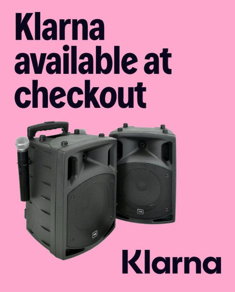 Two black speakers on a pink background with Klarna branding.