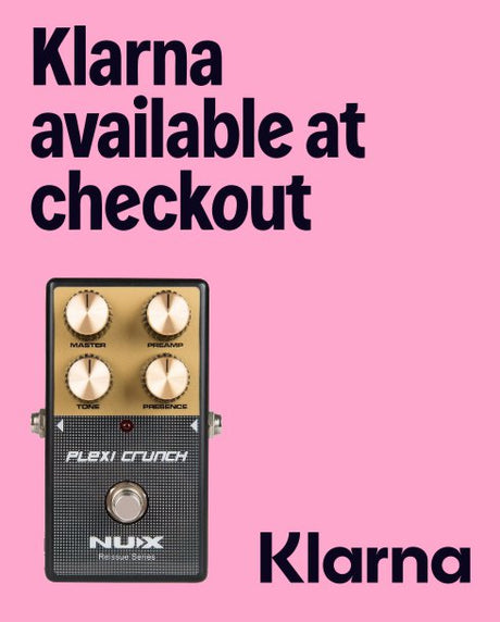 Guitar effects pedal with 'Klarna available at checkout' text on a pink background