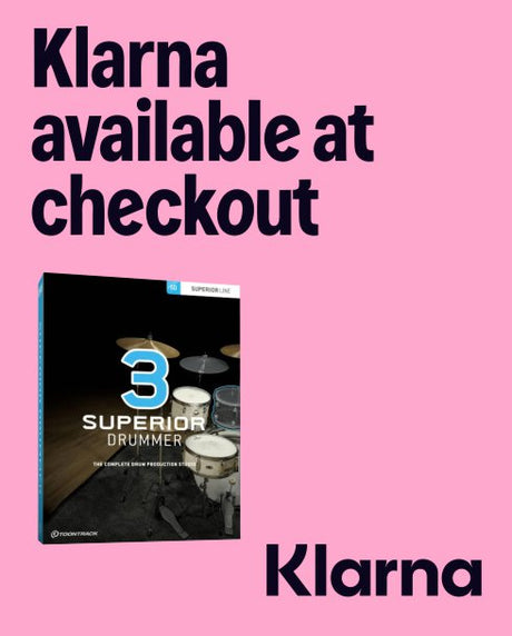 Promotional graphic for Klarna with 'Superior Drummer 3' software on a pink background