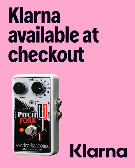 Guitar pedal with 'Klarna' branding on a pink background