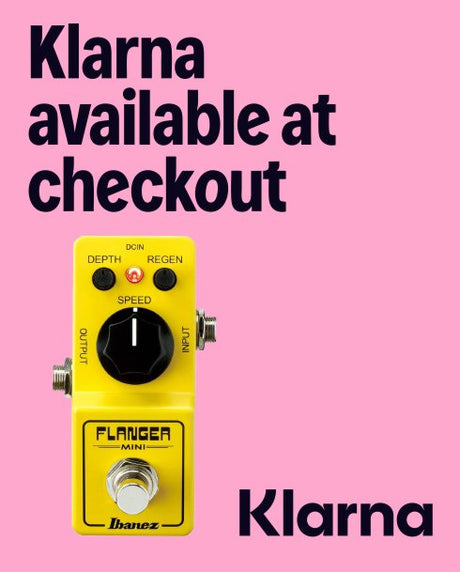 Yellow guitar effects pedal with 'Klarna' branding on a pink background