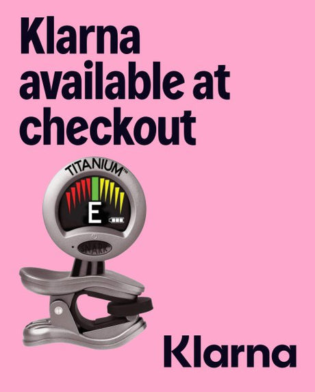 Klarna promotional graphic with a guitar tuner on a pink background