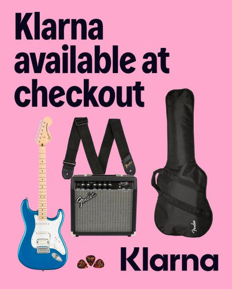 Guitar, amplifier, and case with Klarna branding on a pink background