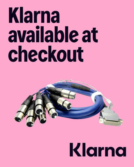 Cables with connectors on a pink background with 'Klarna' branding.