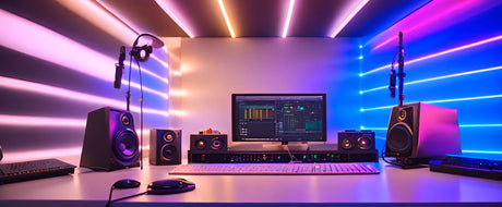 Modern home studio setup with DAW computer equipment and desk top monitor speakers by Adam Audio