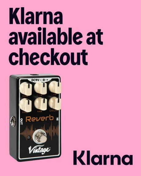 Guitar effects pedal with 'Klarna' branding on a pink background