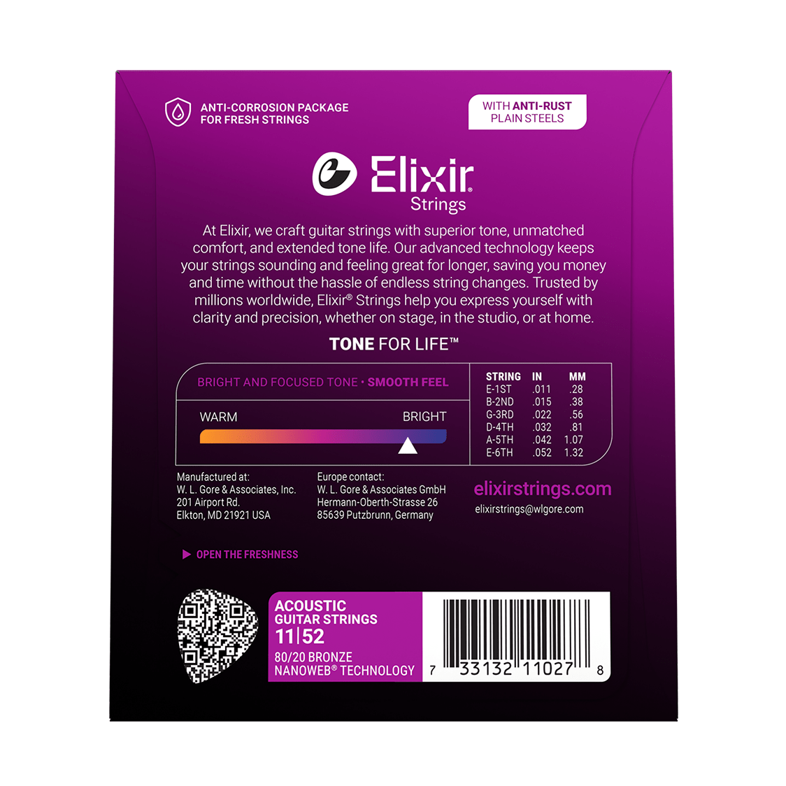 Elixir NANOWEB 80/20 Bronze Acoustic Guitar Strings, Custom Light — 11-52 3