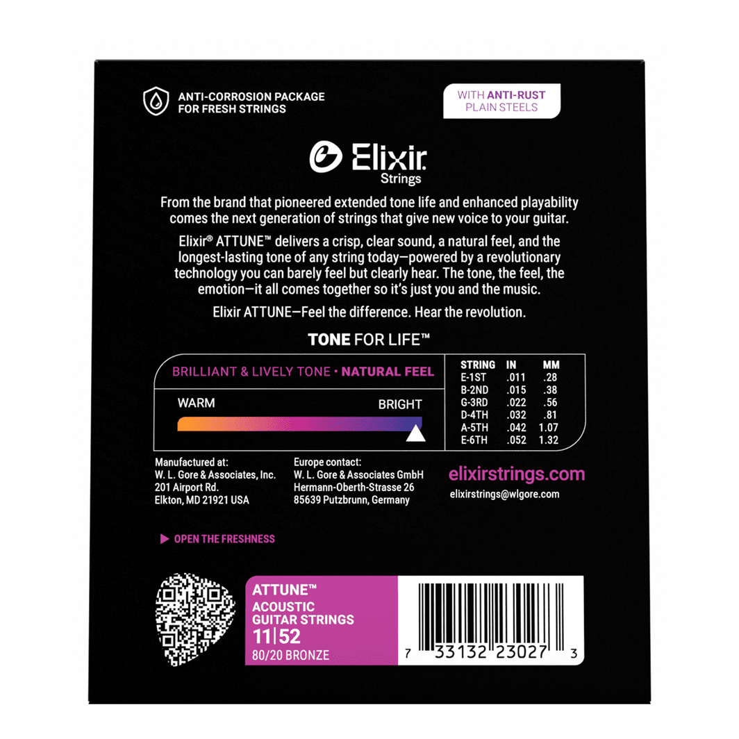Elixir Attune 80/20 Bronze Acoustic Guitar Strings, Custom Light, 11-52 3