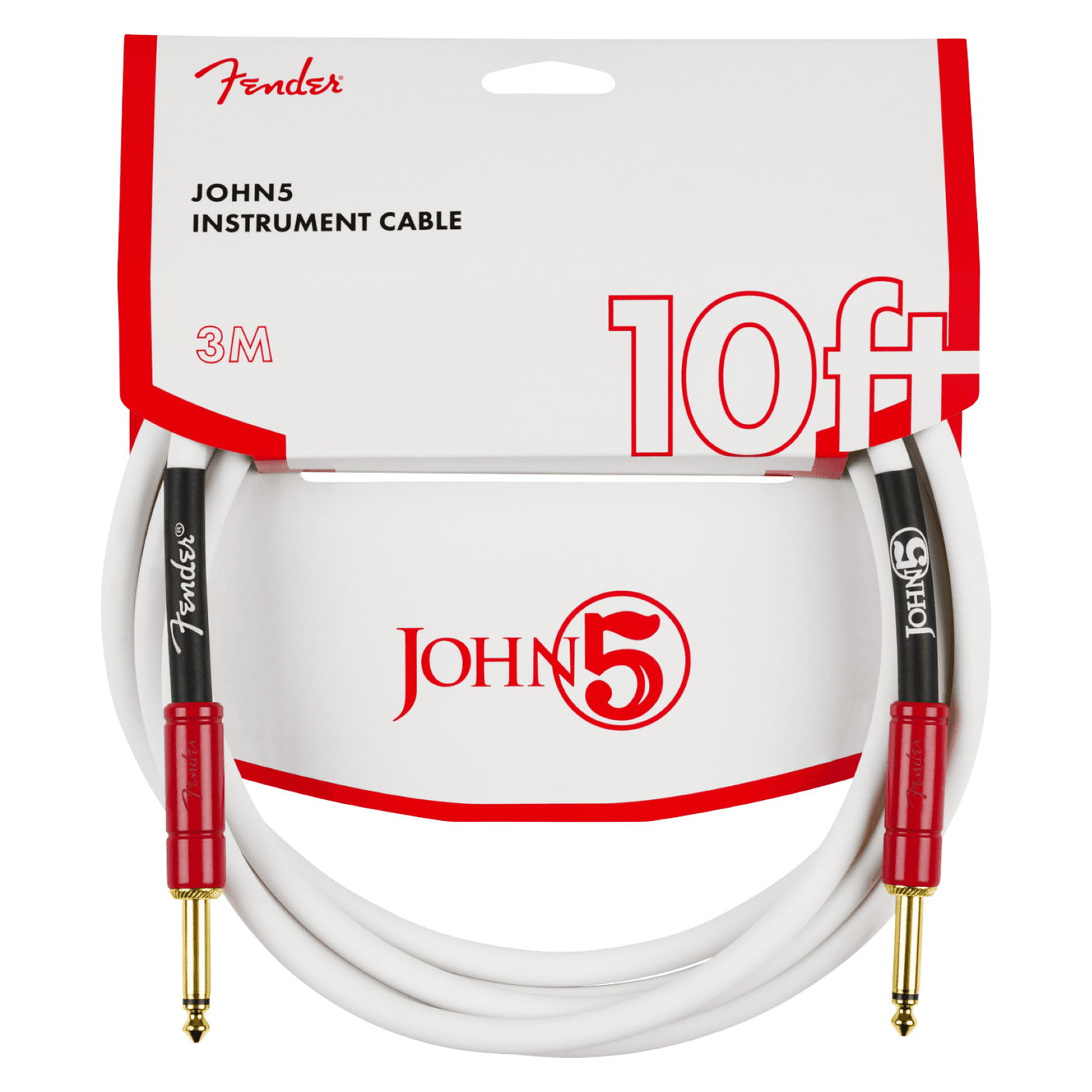 Fender John 5 Coiled Instrument Cable, White and Red, 10' 3m 1