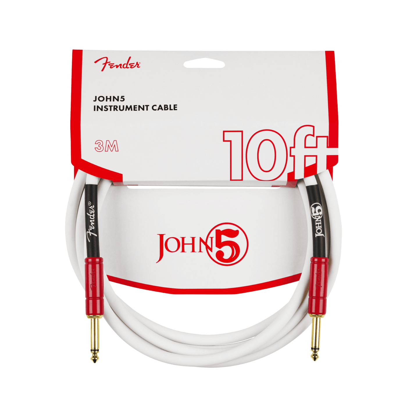Fender John 5 Coiled Instrument Cable, White and Red, 10' 3m 1
