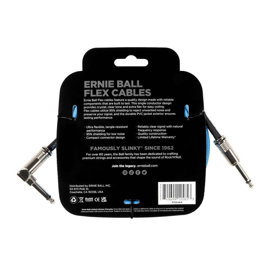 Ernie Ball Flex Instrument Cable, Straight to Angle Jack, 10ft 3m , Blue 2