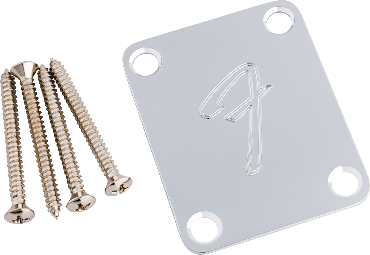 Fender '70s Vintage-Style "F" Logo 4-Bolt Neck Plate, Chrome, With Mounting Screws 1