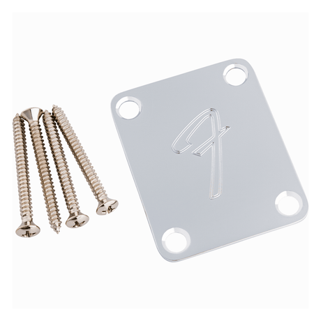 Fender '70s Vintage-Style "F" Logo 4-Bolt Neck Plate, Chrome, With Mounting Screws 1