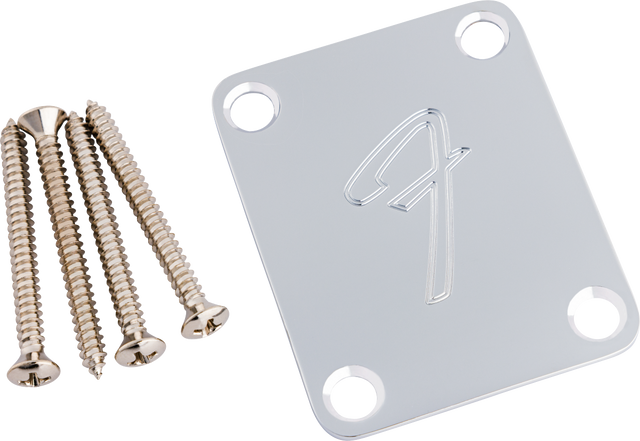 Fender '70s Vintage-Style "F" Logo 4-Bolt Neck Plate, Chrome, With Mounting Screws 1