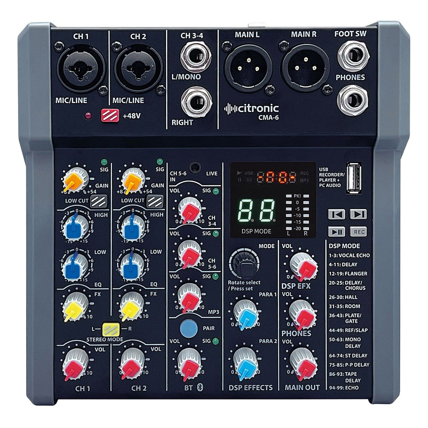 Citronic CMA-6 Compact 6CH Mixer with DSP, USB & Bluetooth 2