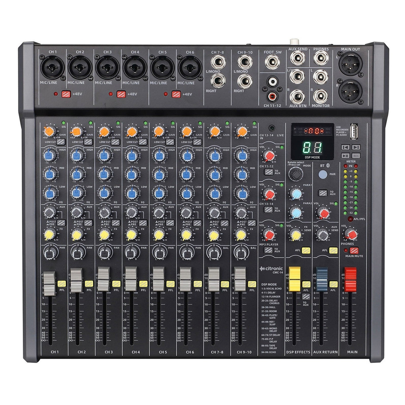 Citronic CMC-14 14-Channel Mixing Desk with DSP, USB, and Bluetooth 1