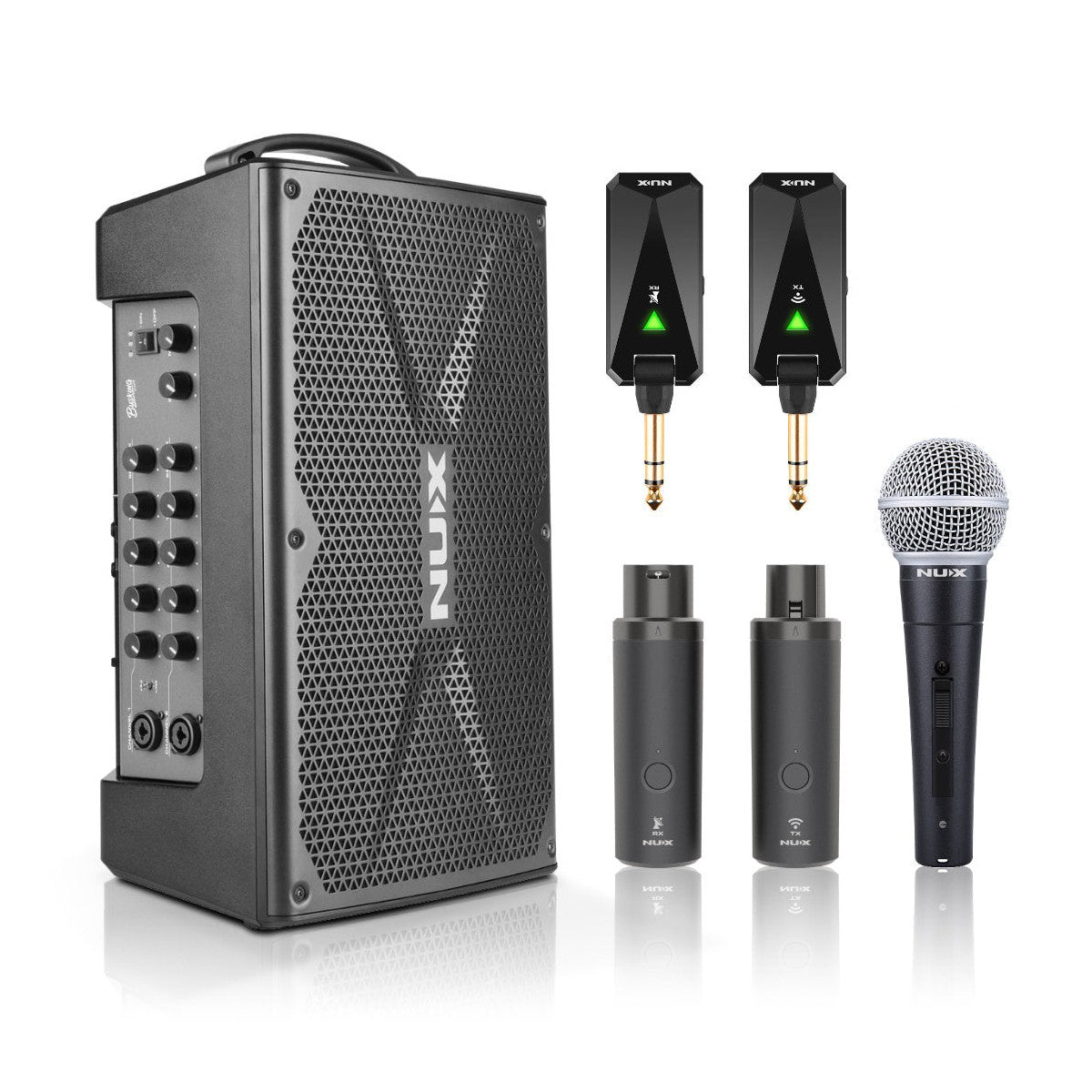 NUX Busking 200FR Portable PA System with B-3RC Wireless Mic & B-5RC Wireless Guitar System 1